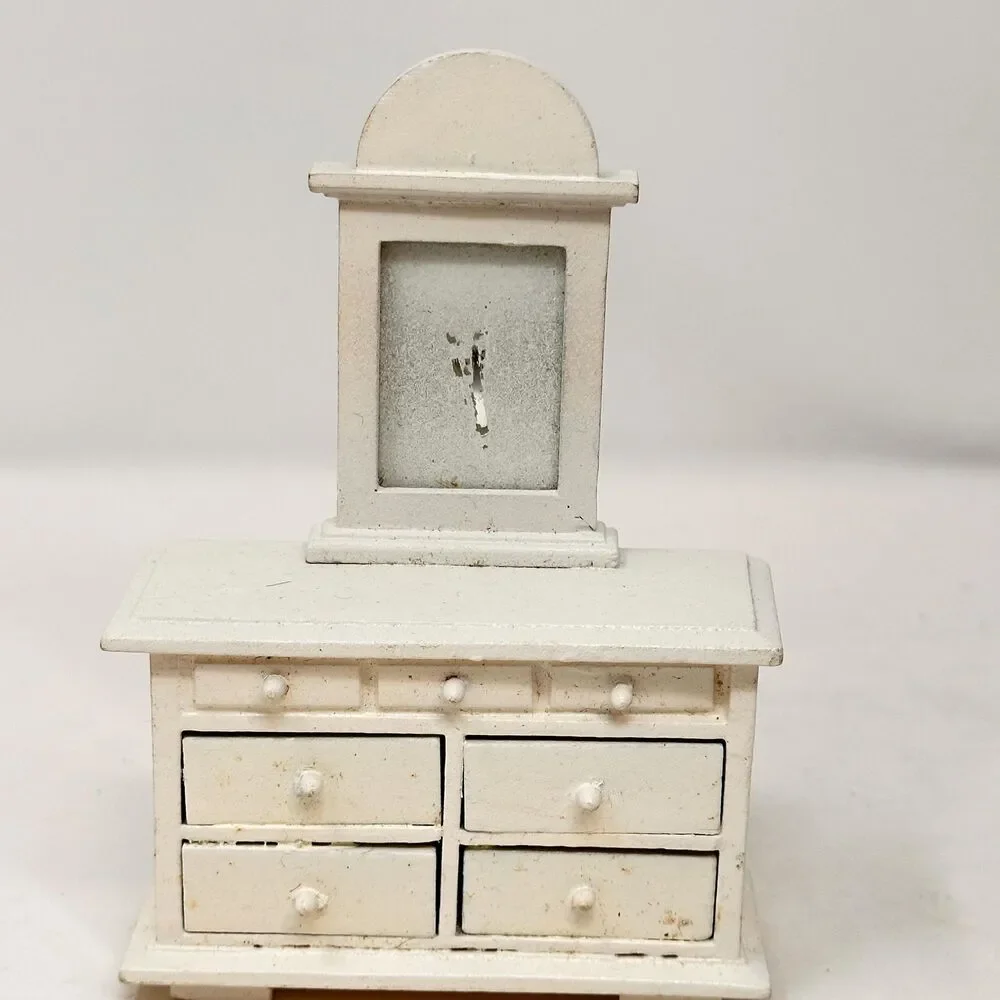 Vintage White Dollhouse Dresser 1:12 Miniature Vanity Wood Faux Drawers